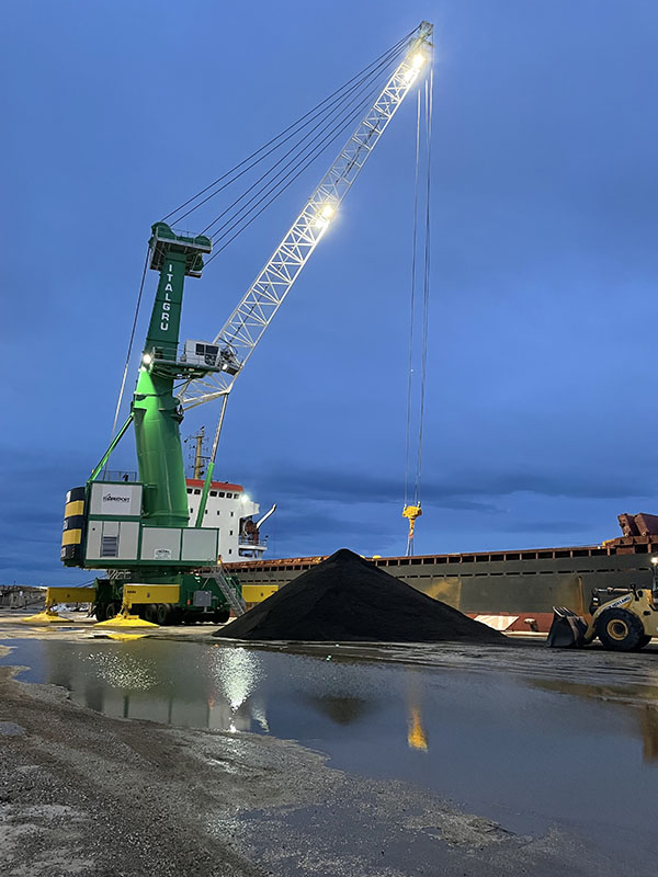 ITALGRU hydraulic mobile harbour crane in a port by night